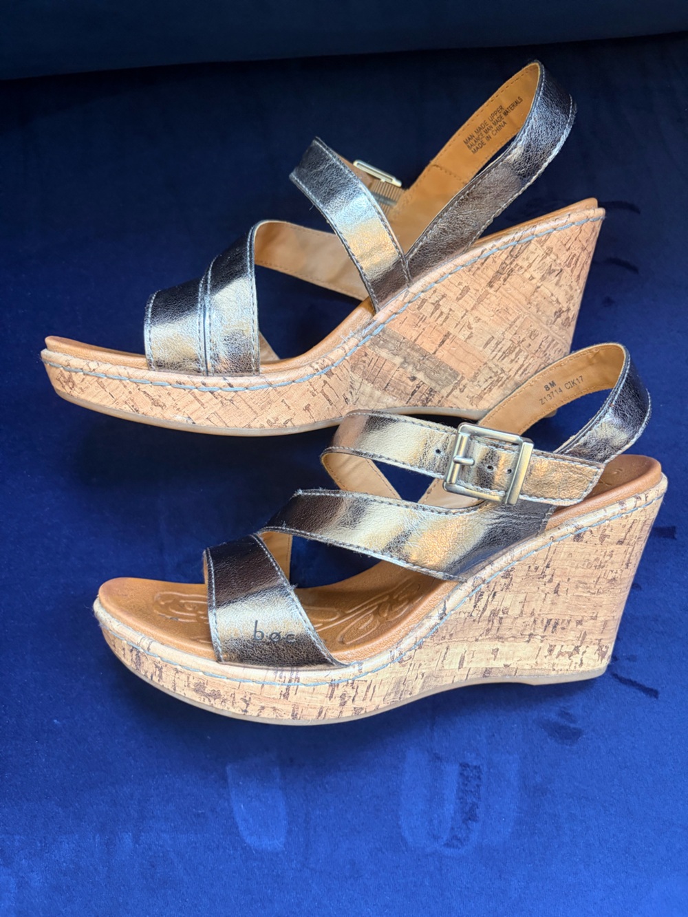 b.o.c. Women's Cork Wedge Sandals in metallic pewter
